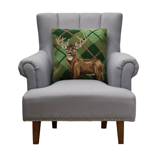 Deer Plaid 18" Square Hooked Wool Throw Pillow with Polyfill Insert
