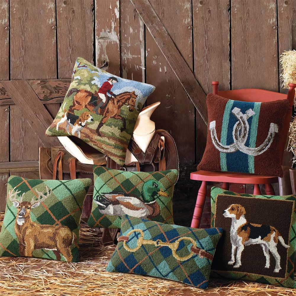 Foxhound Dog Tartan Plaid 18" Square Hooked Wool Throw Pillow, Brown Multi