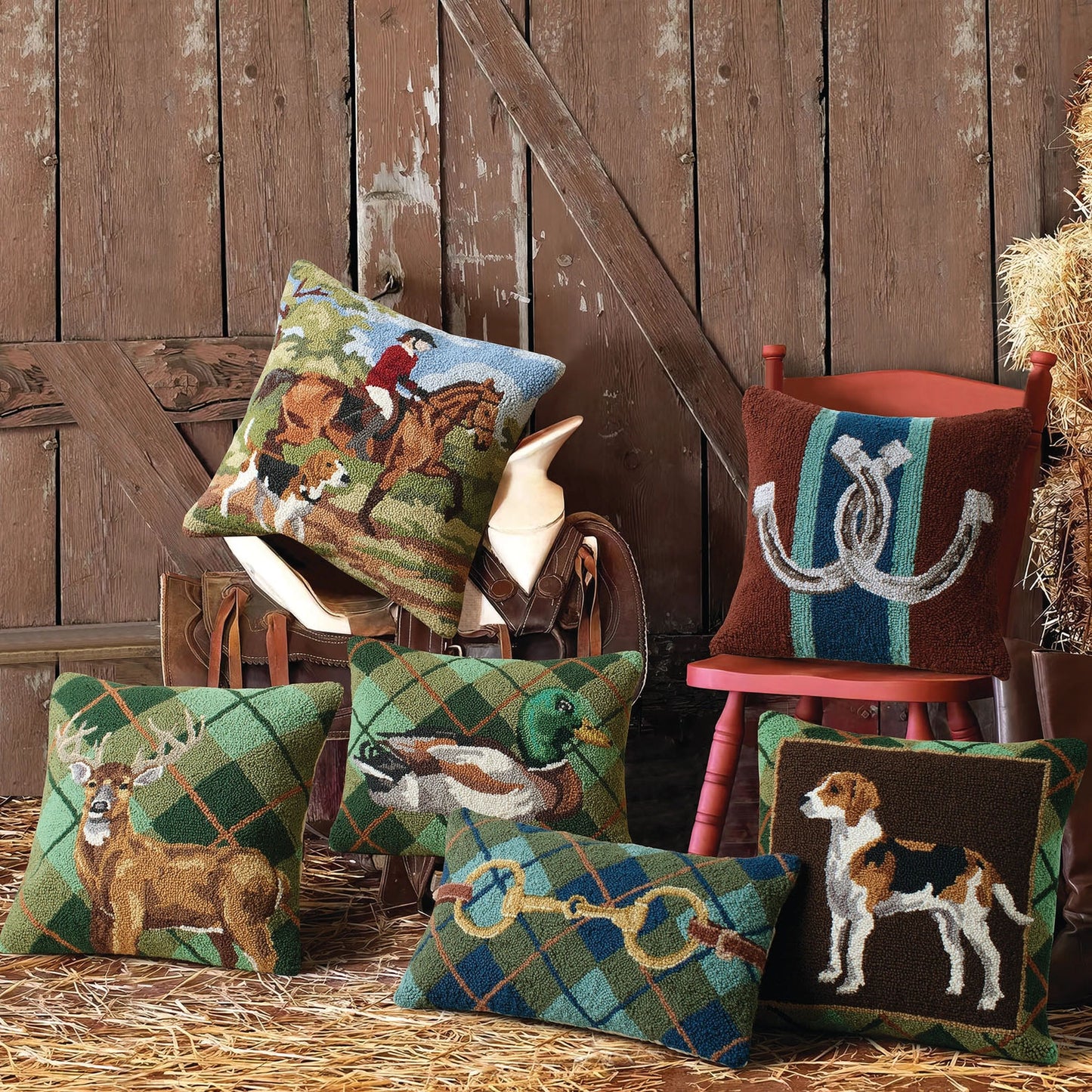 Deer Plaid 18" Square Hooked Wool Throw Pillow with Polyfill Insert