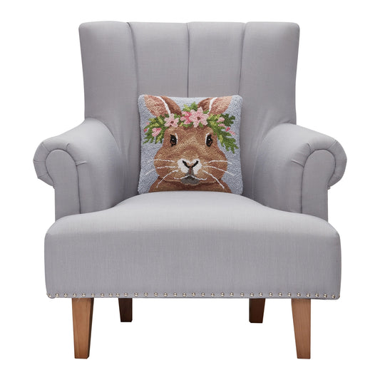 Bunny Rabbit with Floral Crown 12" Square Hooked Wool Throw Pillow with Polyfill Insert