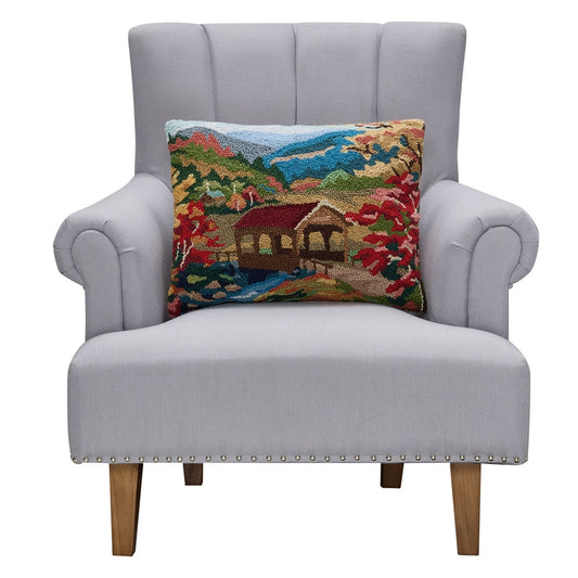 Covered Bridge Fall Country Scene 20" x 16" Hooked Wool Lumbar Throw Pillow