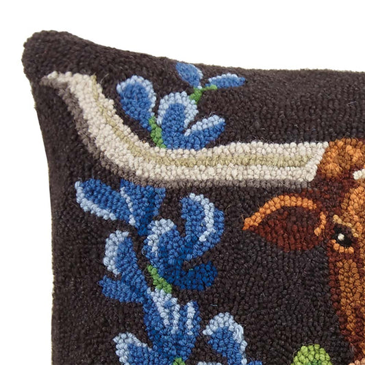 Texas Longhorn and Bluebonnets 22" x 16" Oblong Hooked Wool Throw Pillow