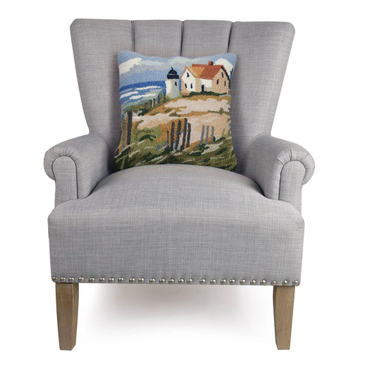 Peking Handicraft Seaside House 16" Square Hooked Wool Throw Pillow with Polyfill Insert