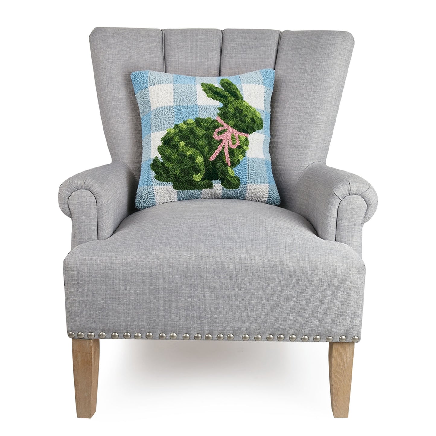 Bunny Topiary with Checks 16" Square Hooked Wool Throw Pillow with Polyfill Insert