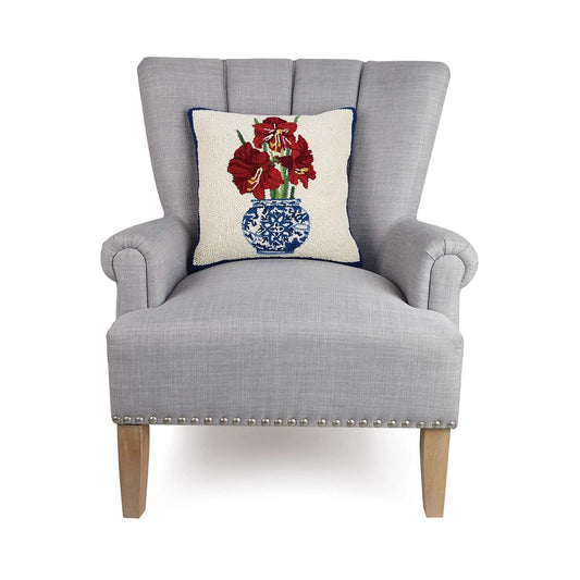 Red Amaryllis Holiday Chinoiserie 16" Square Hooked Wool Throw Pillow with Artwork by Sally Eckman Roberts