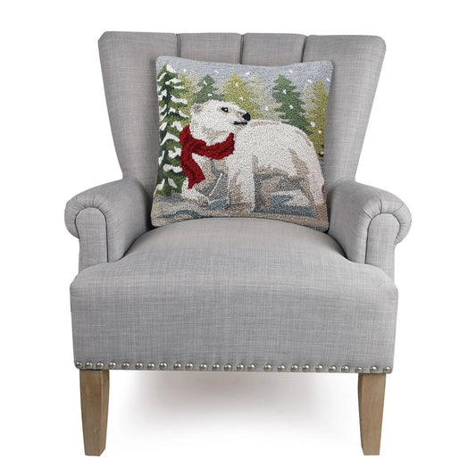 Polar Bear 18" Square Hooked Wool Throw Pillow