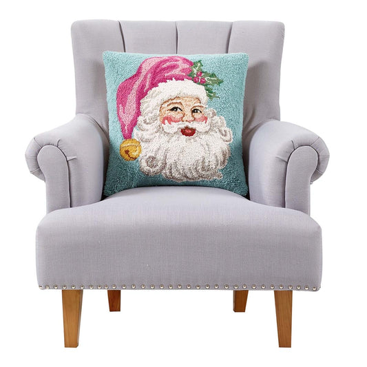Retro Pink Santa 18" Square Hooked Wool Throw Pillow