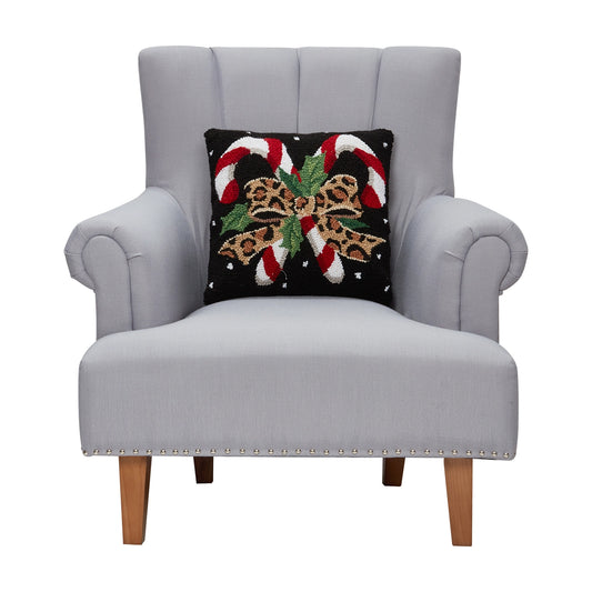 Leopard Candy Cane 16" Square Hooked Wool Throw Pillow with Polyfill Insert