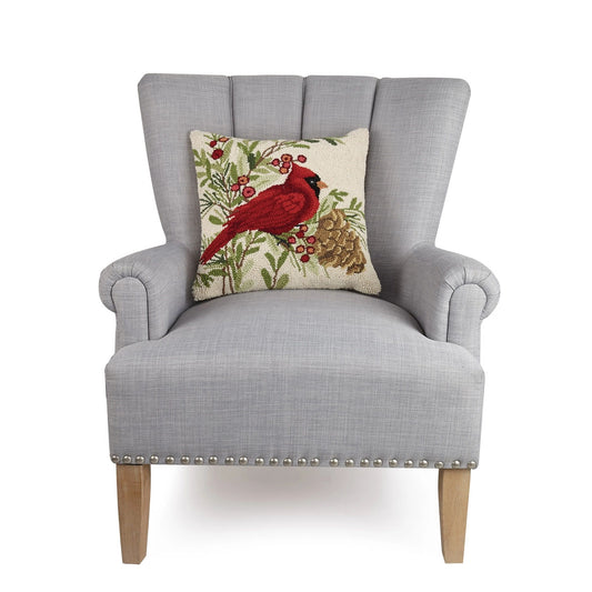 Winter Cardinal 16" Square Hooked Wool Throw Pillow, Artwork by Susan Winget