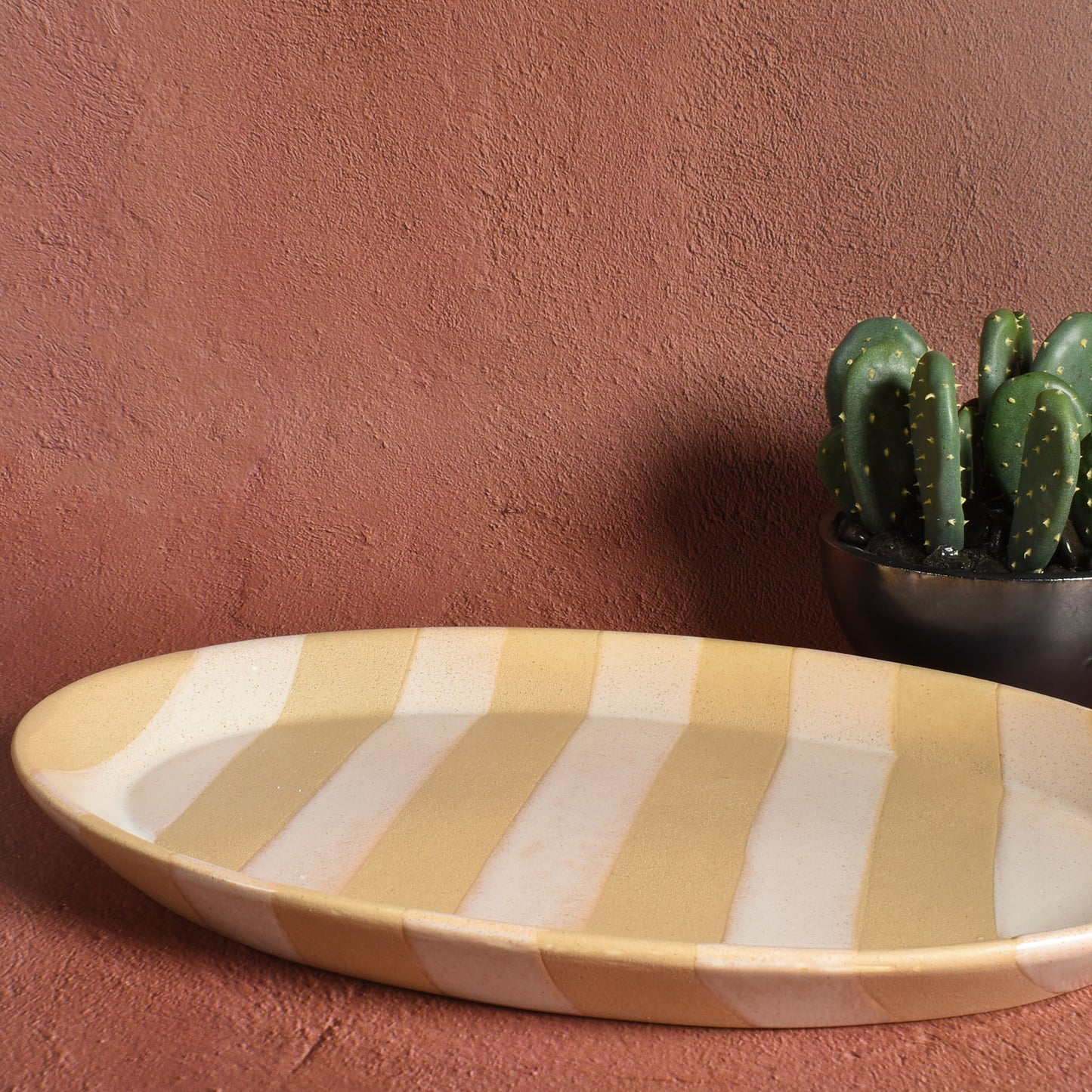 Wax Relief Striped 14" x 9 1/2" Oval Stoneware Platter, Light Brown and White
