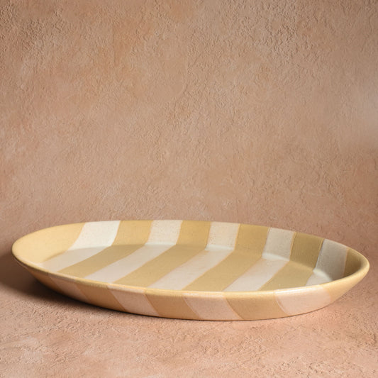 Wax Relief Striped 14" x 9 1/2" Oval Stoneware Platter, Light Brown and White