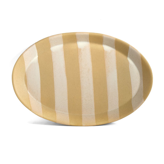 Wax Relief Striped 14" x 9 1/2" Oval Stoneware Platter, Light Brown and White