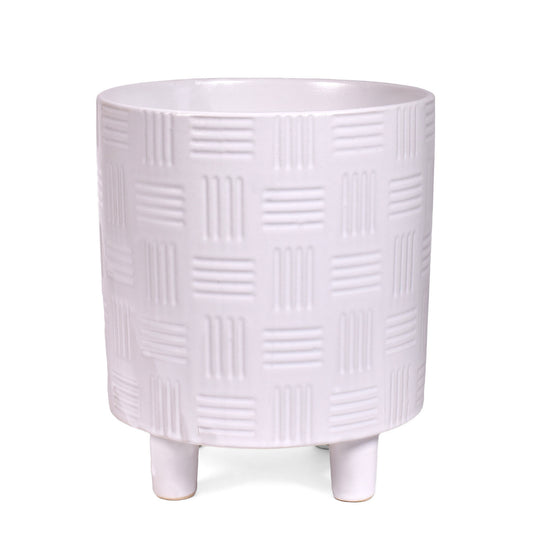 Modern Footed Ceramic Pot with Etched Pattern, White, 6-3/4" x 7-3/4" (DxH)