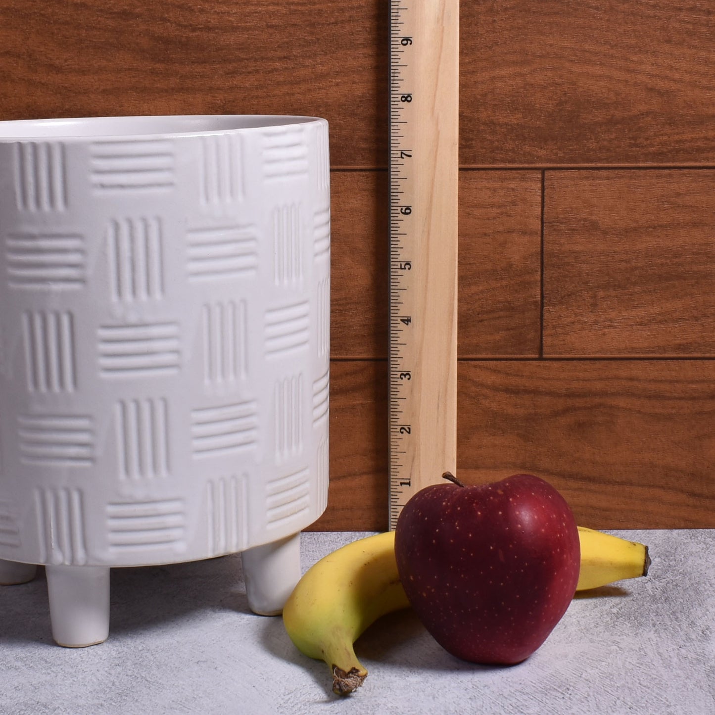 Modern Footed Ceramic Pot with Etched Pattern, White, 6-3/4" x 7-3/4" (DxH)