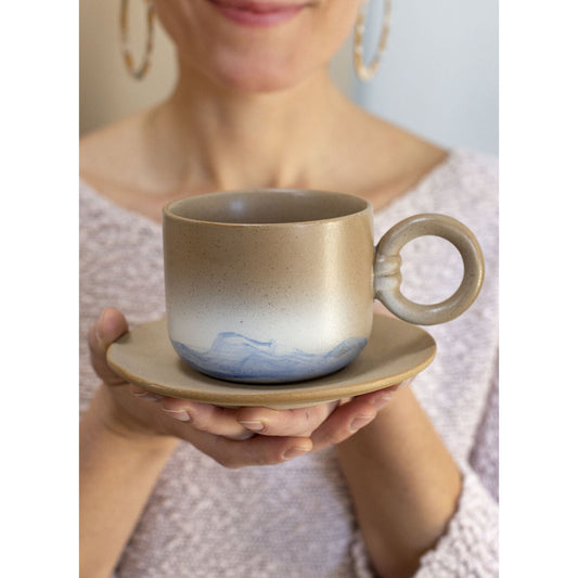 Accent Decor Smooth Mug and Saucer Set with Hand-Painted Ombre Design and Round Handle, Tan/Multi