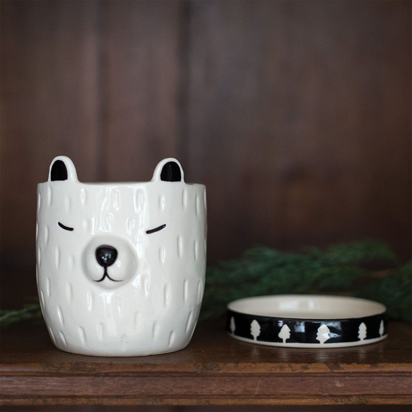 Accent Decor Barry Bear 3-1/2" Hand Painted Ceramic Pot Cachepot with Saucer, Black and White