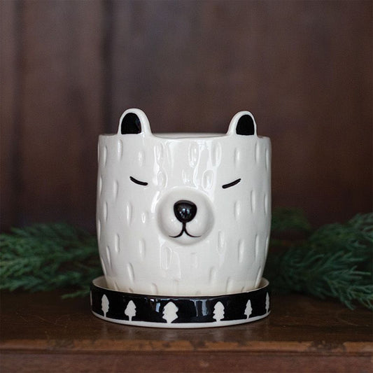 Accent Decor Barry Bear 3-1/2" Hand Painted Ceramic Pot Cachepot with Saucer, Black and White