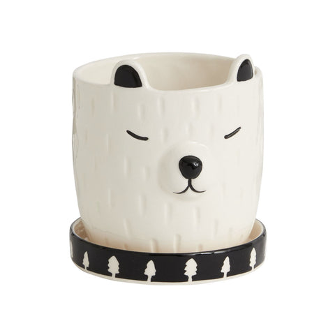 Accent Decor Barry Bear 3-1/2" Hand Painted Ceramic Pot Cachepot with Saucer, Black and White