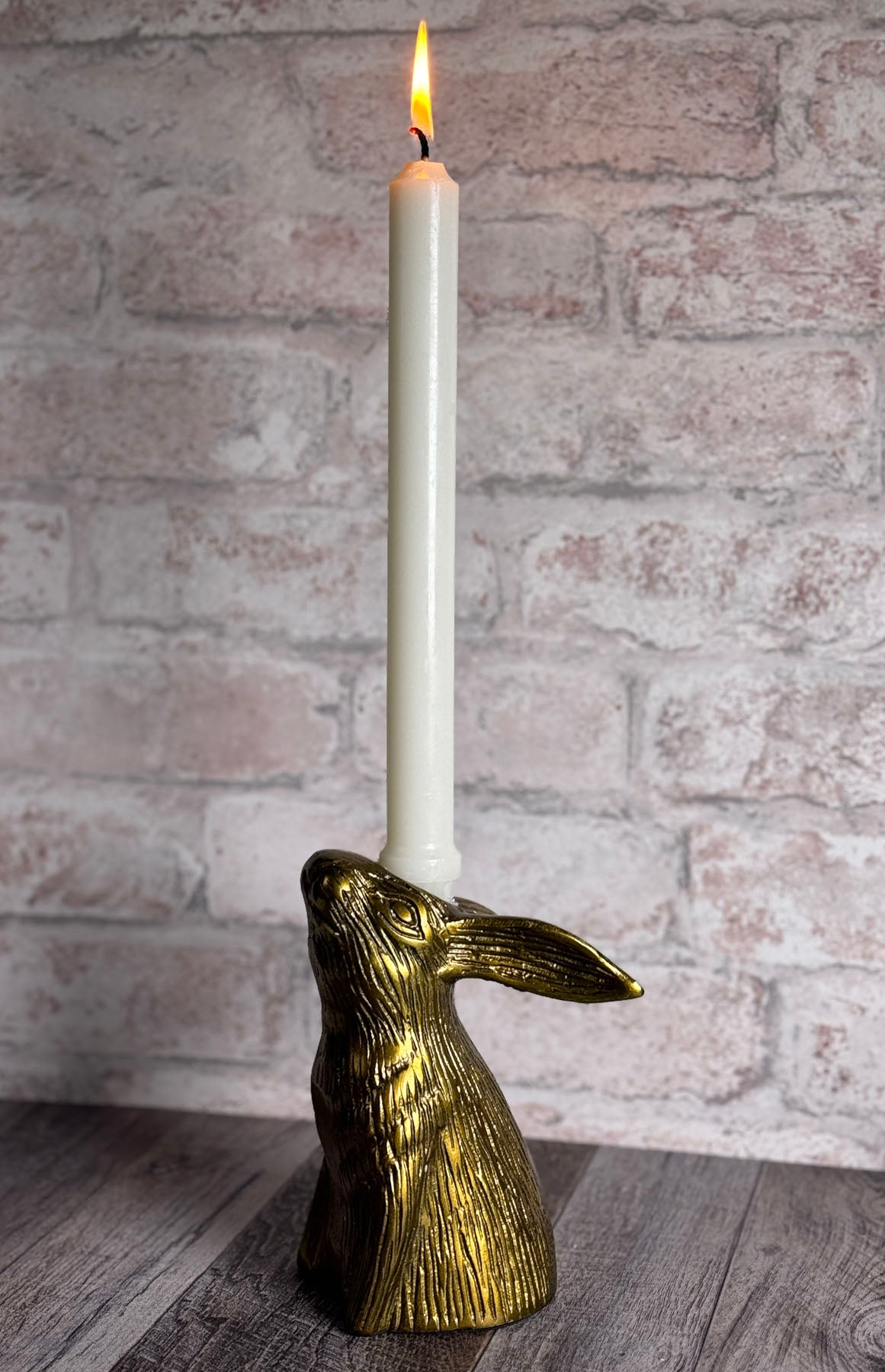 Bunny Rabbit Facing Upward Cast Aluminum Candle Holder with Antique Gold Finish