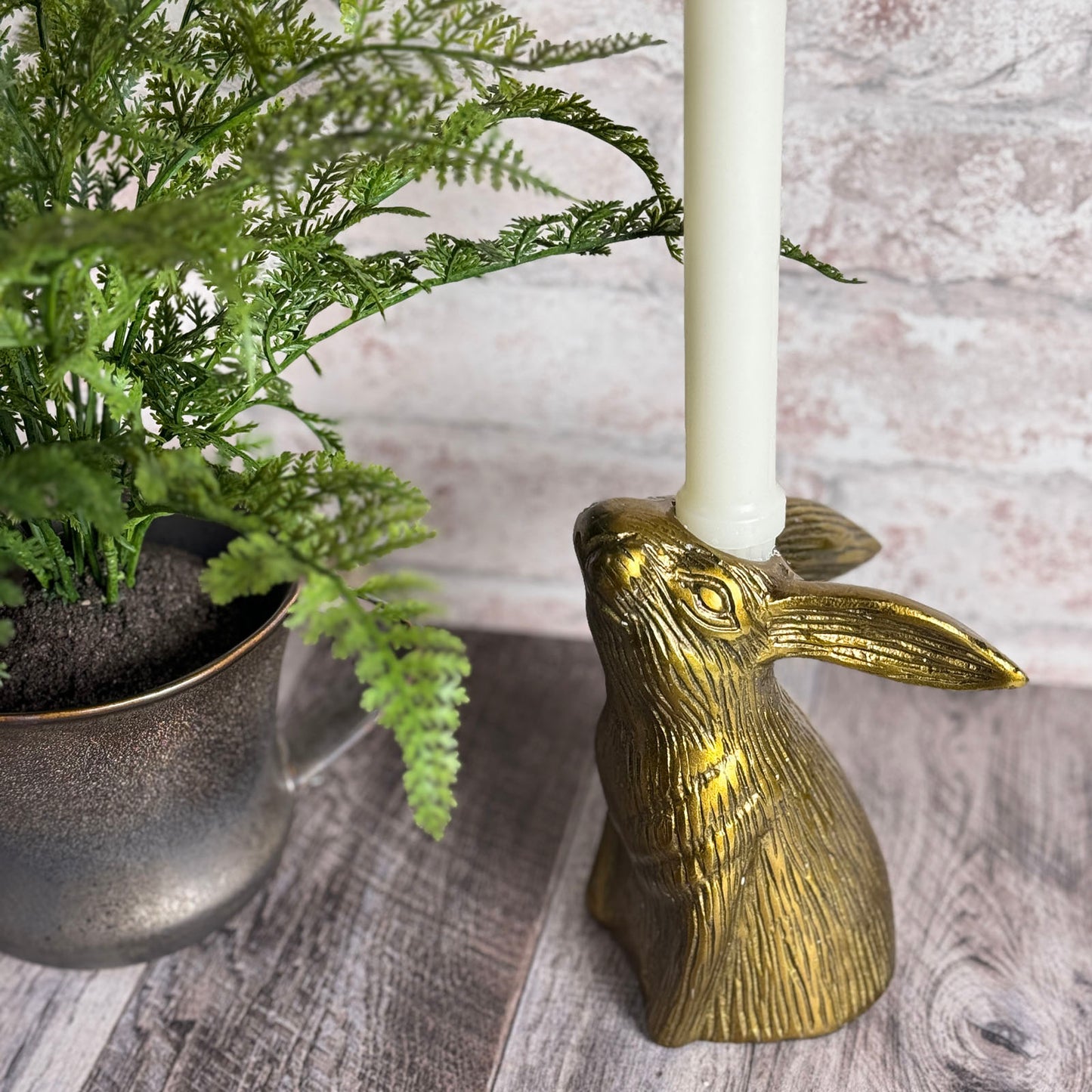 Bunny Rabbit Facing Upward Cast Aluminum Candle Holder with Antique Gold Finish