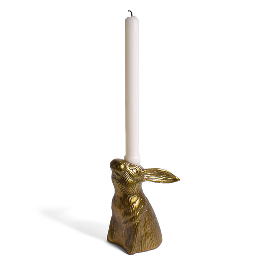 Bunny Rabbit Facing Upward Cast Aluminum Candle Holder with Antique Gold Finish