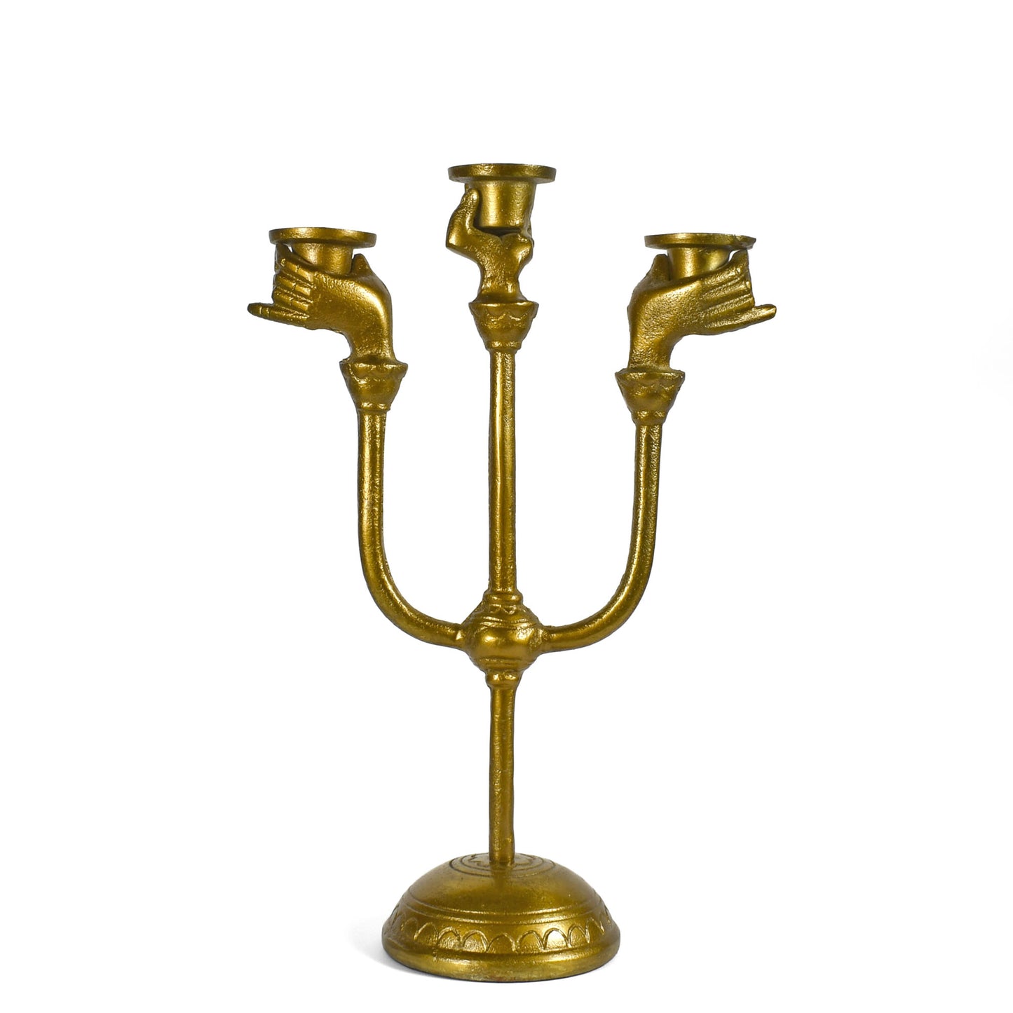 Victorian Hands Cast Metal 3-Candle Candelabra, Antique Gold Finish