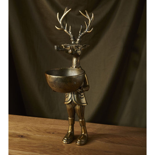 Frankie 16" Standing Deer Figurine with Bowl, Antique Gold Finish