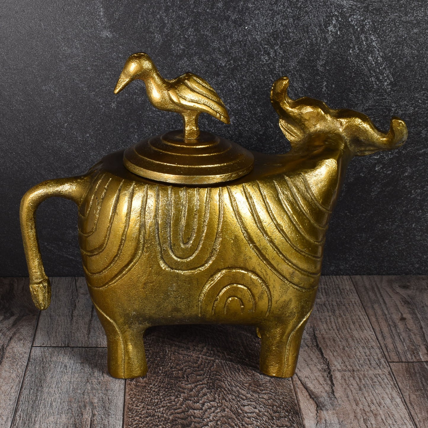 Water Buffalo Recycled Cast Aluminum Decorative Jar with Egret Lid, Antique Gold