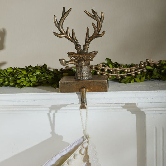 Deer Stag with Glasses and Pipe Antique Brass Finish Christmas Stocking Holder