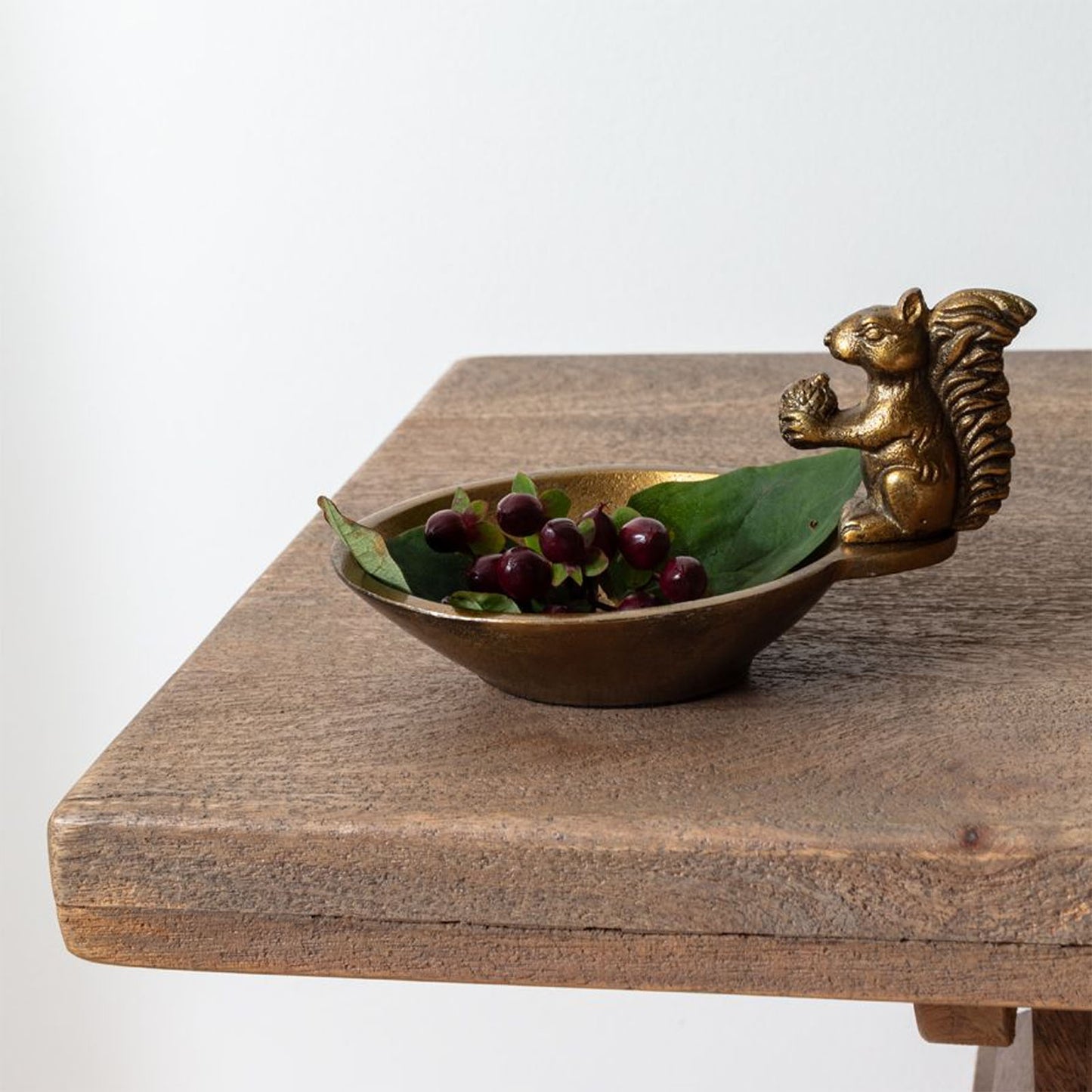 Squirrel with Acorn Cast Metal Decorative Bowl, Antique Brass