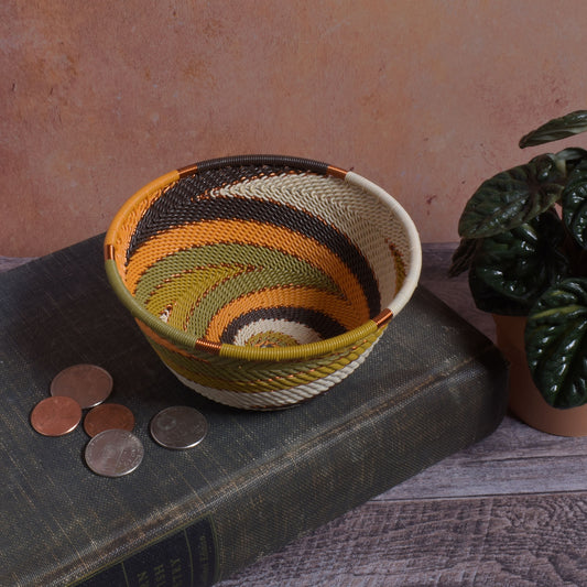 Fair Trade Handwoven Zulu Telephone Wire 4-1/2" Small Round Bowl Basket, African Earth Colors, Each One Varies