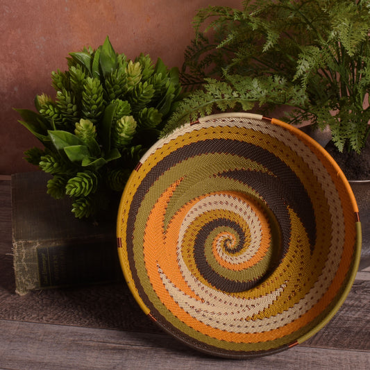 Fair Trade Handwoven Zulu Telephone Wire 8" Round Pedestal Bowl Basket, African Earth Colors, Each One Varies