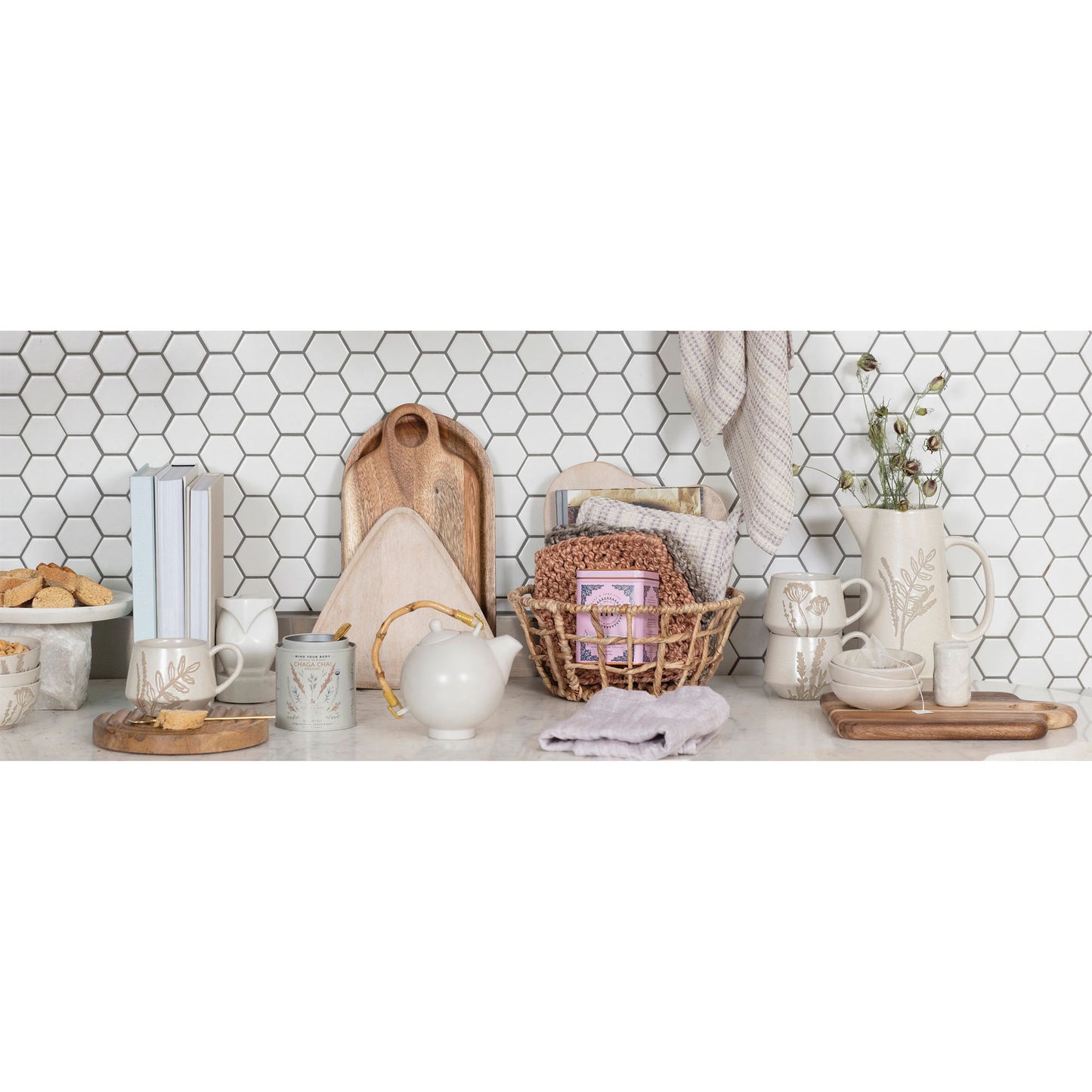 Bloomingville Stoneware Mugs with Wax Relief Botanicals, Set of 3