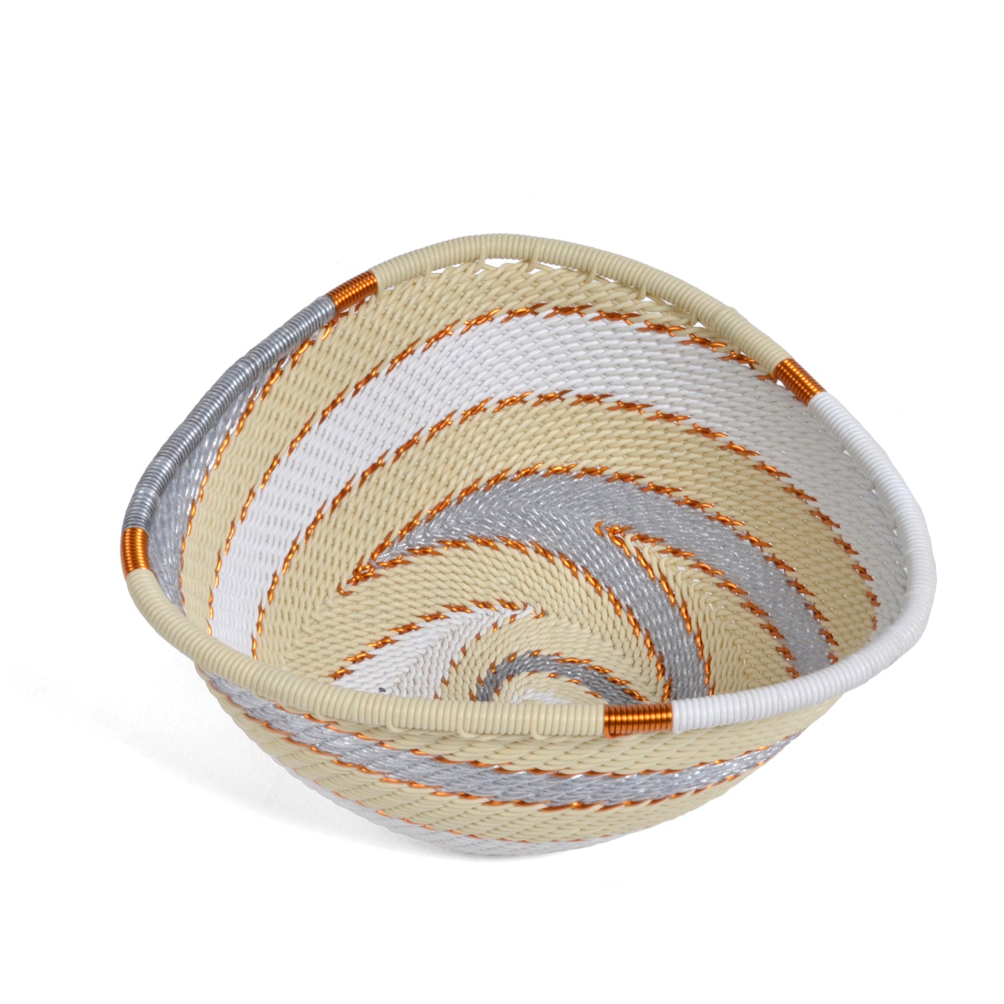 African Fair Trade Zulu Telephone Wire Small Triangle Basket, Silver Sea