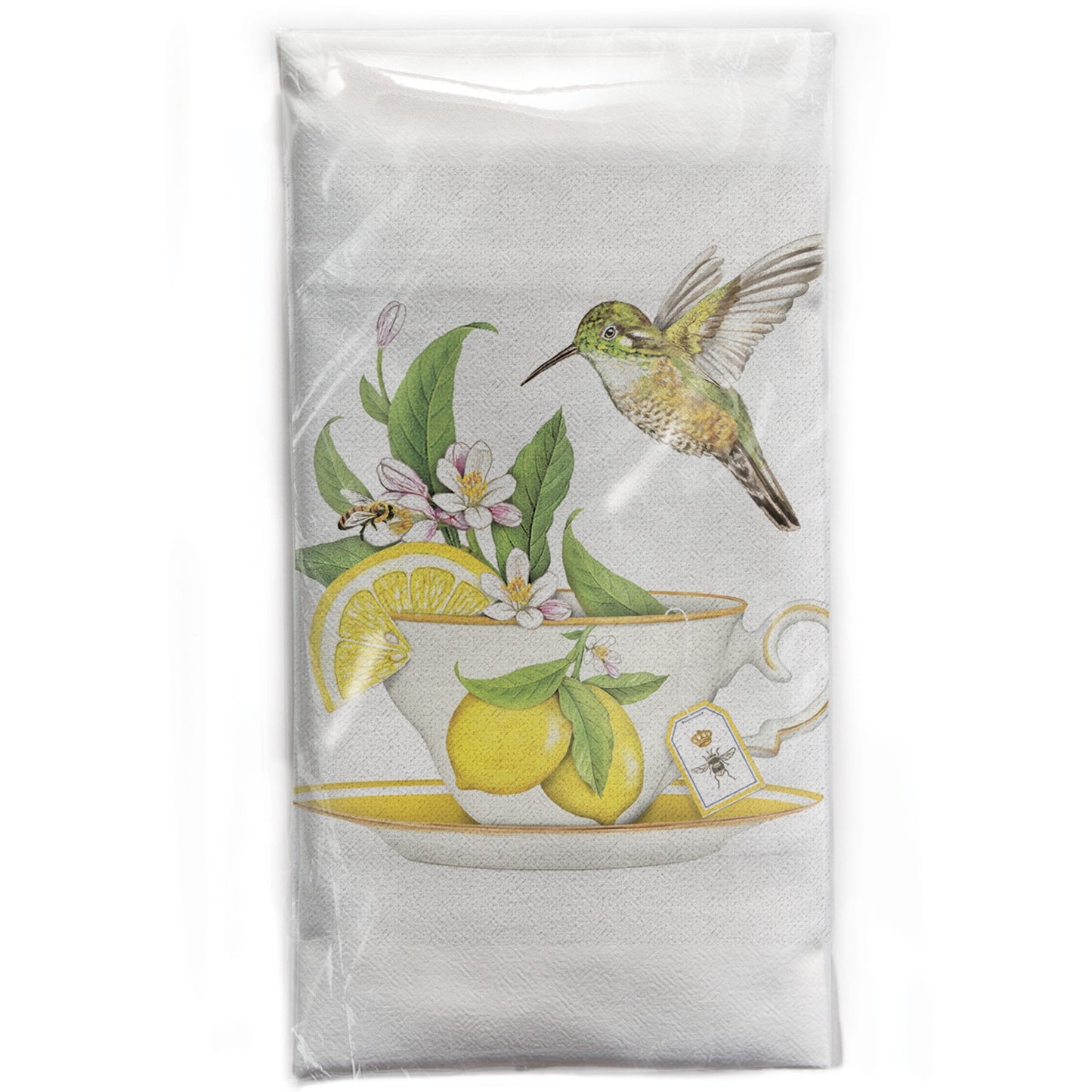 Lemon Teacup with Hummingbird Cotton Flour Sack Kitchen Dish Towel