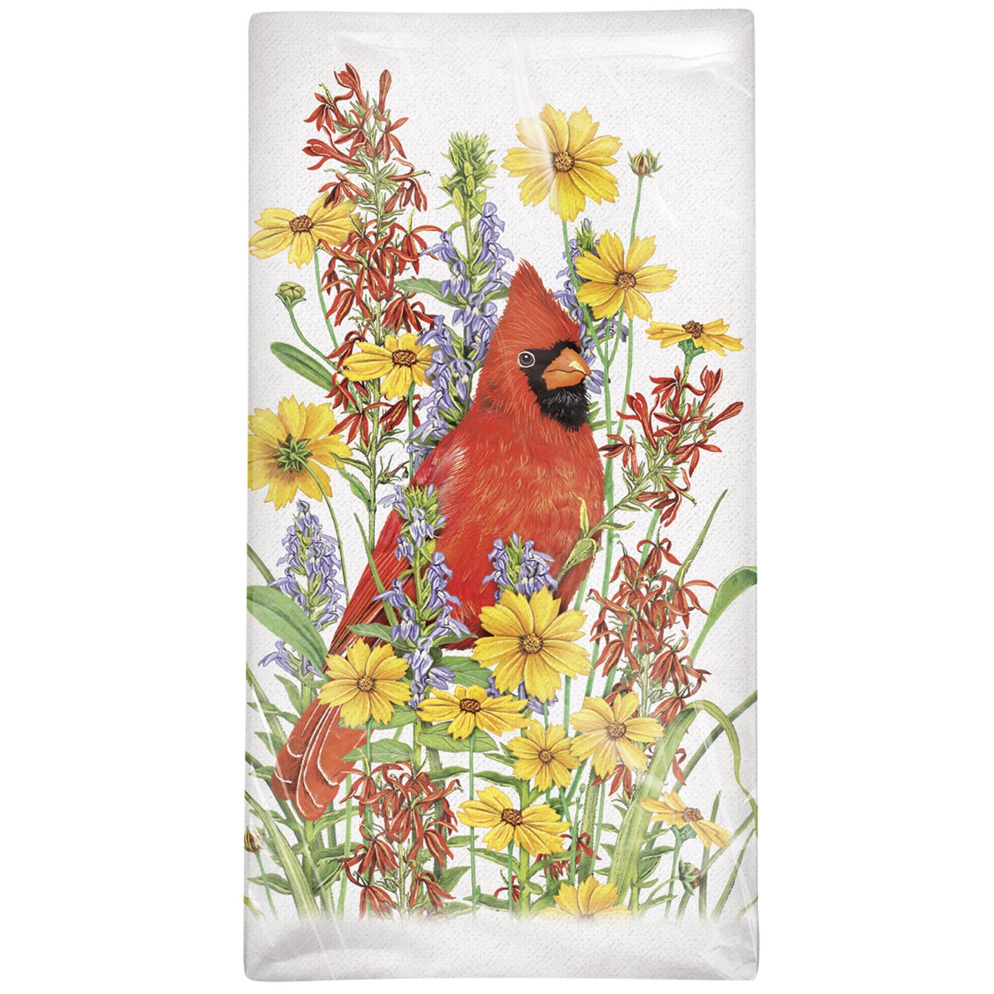 Red Cardinal with Summer Flowers Cotton Flour Sack Kitchen Dish Towel