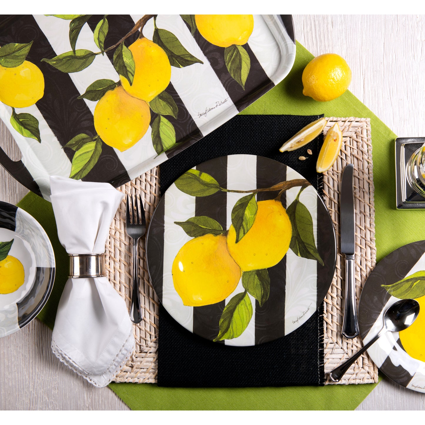 Bamboo Table Lemon Branch Stripe Dinner Plate, Set of 4, Eco-friendly, Biodegradable Alternative to Melamine