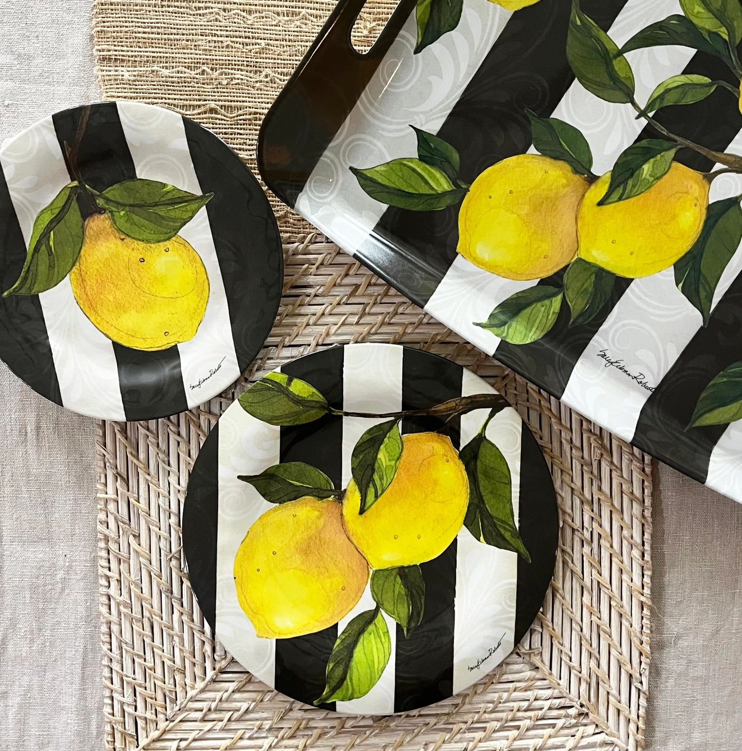 Bamboo Table Lemon Branch Stripe Dinner Plate, Set of 4, Eco-friendly, Biodegradable Alternative to Melamine