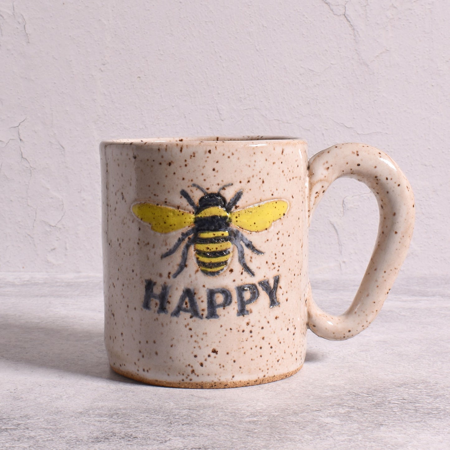 Bee Happy Mug, Hand-Built American Pottery, Each One Unique, Speckled Beige