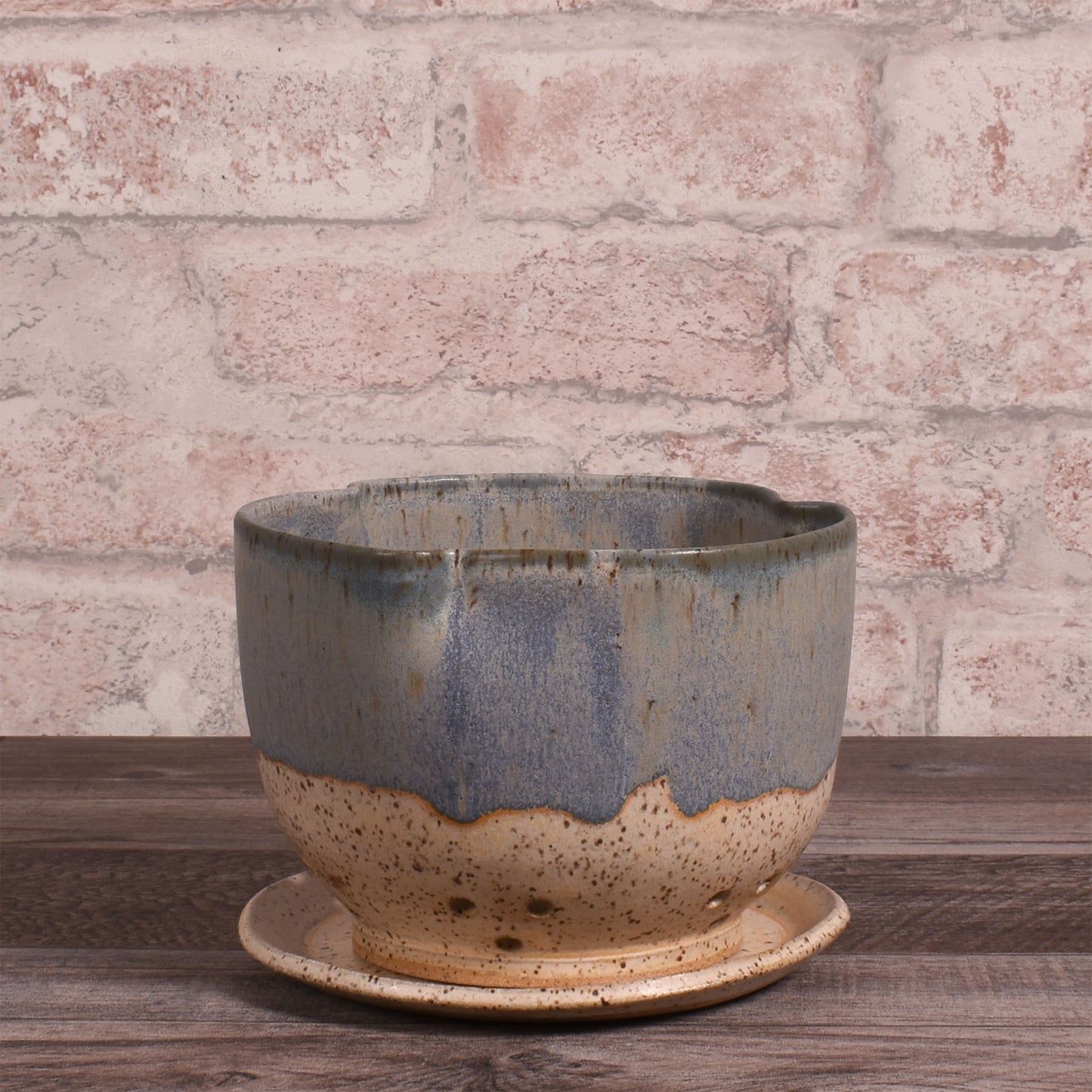 Hand-Thrown Pinched Rim Berry Bowl with Saucer, Each One Unique, Blue/Beige