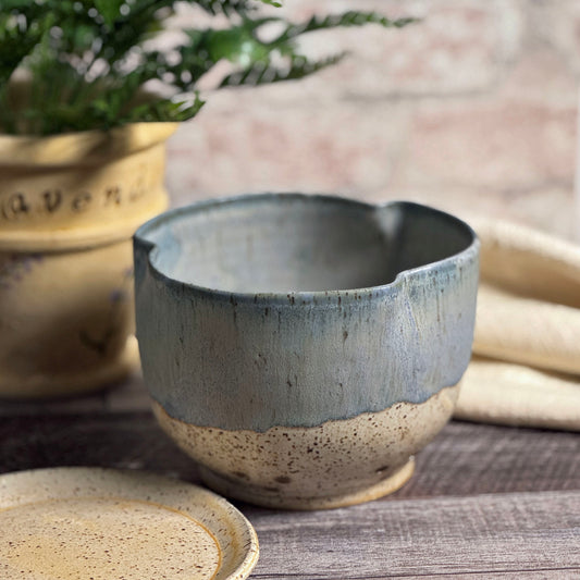 Pinched Rim Berry Bowl with Saucer, Handmade American Pottery, Each One Unique, Blue/Beige