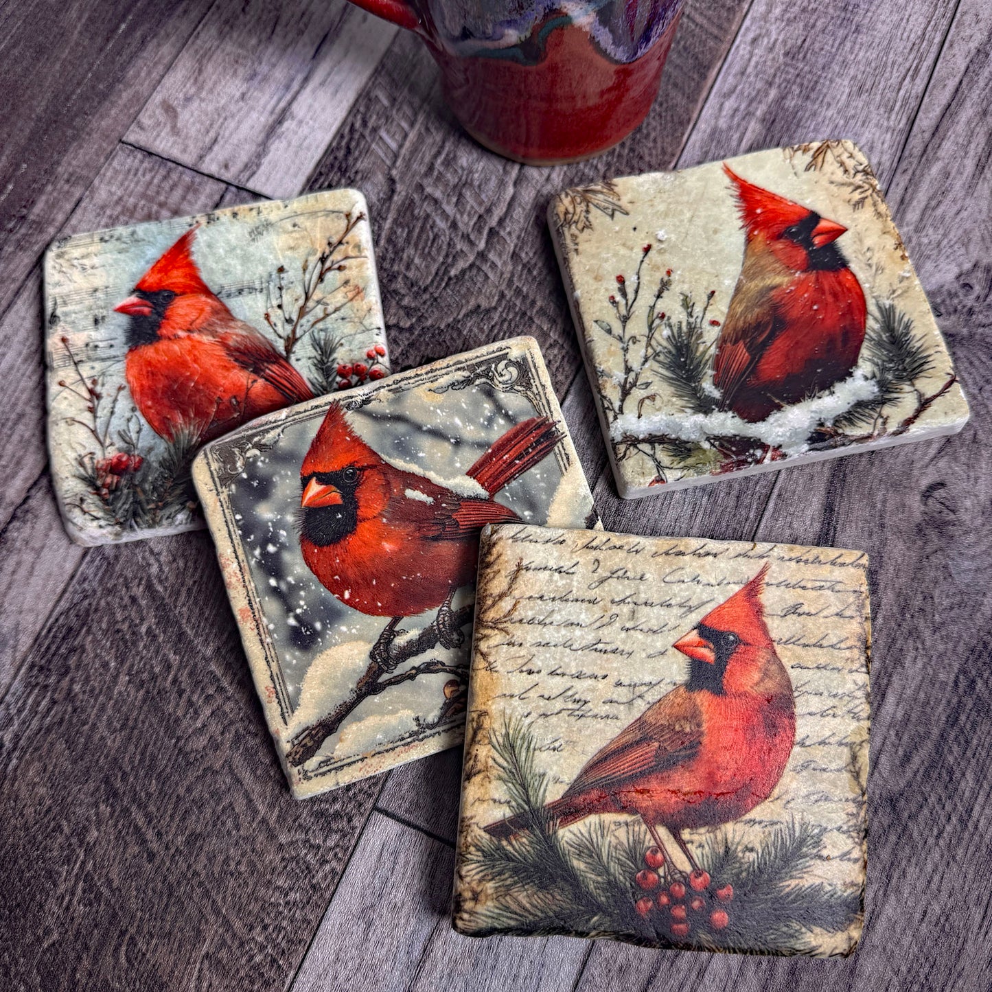 Winter Cardinals Tumbled Marble Coasters, Set of 4