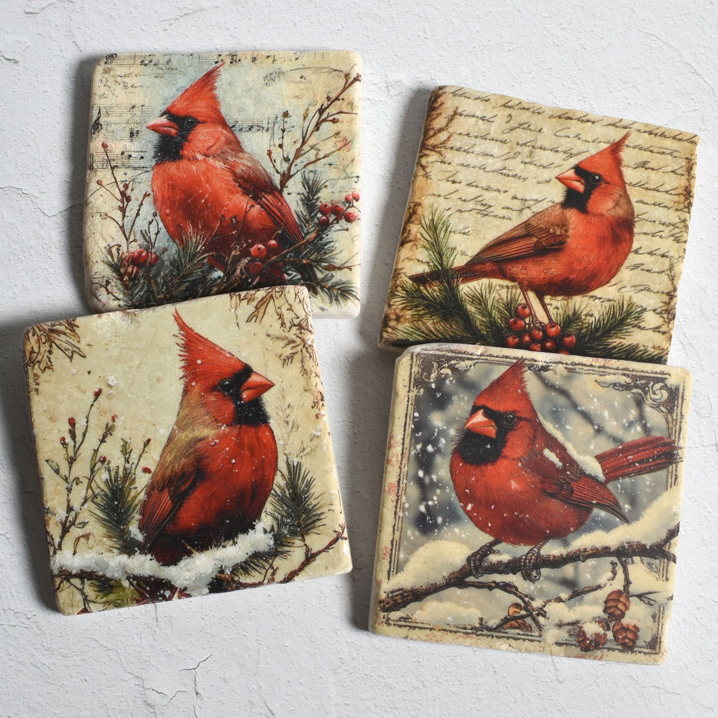 Winter Cardinals Tumbled Marble Coasters, Set of 4
