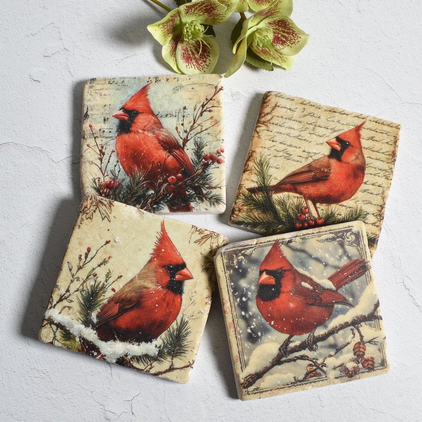 Winter Cardinals Tumbled Marble Coasters, Set of 4