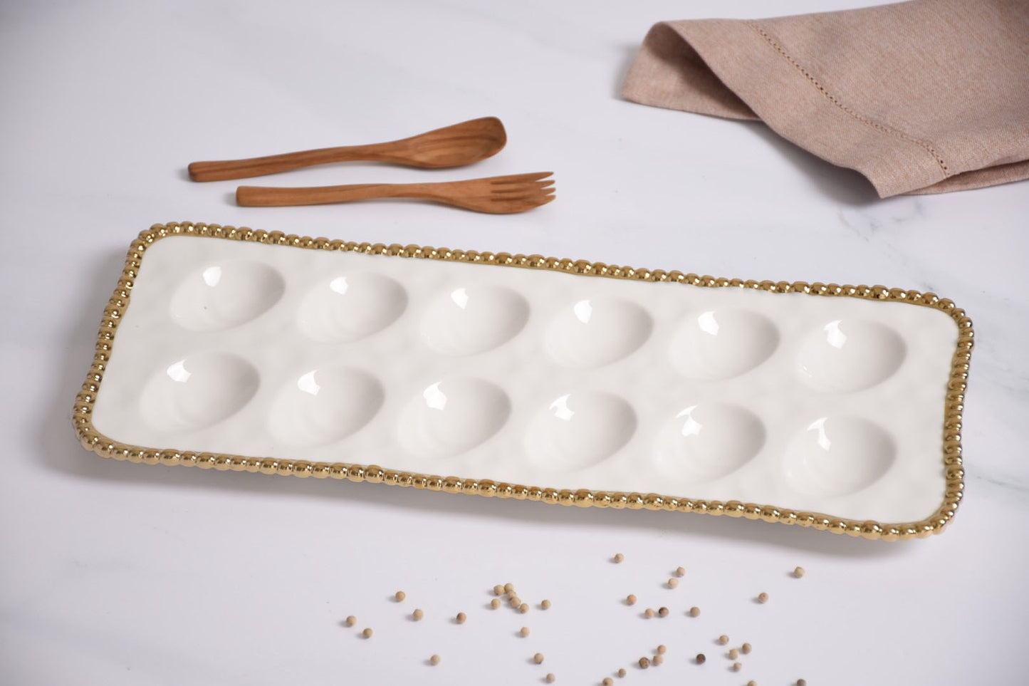 Pampa Bay Golden Salerno Porcelain Deviled Egg Tray with Titanium Beaded Trim, White/Gold