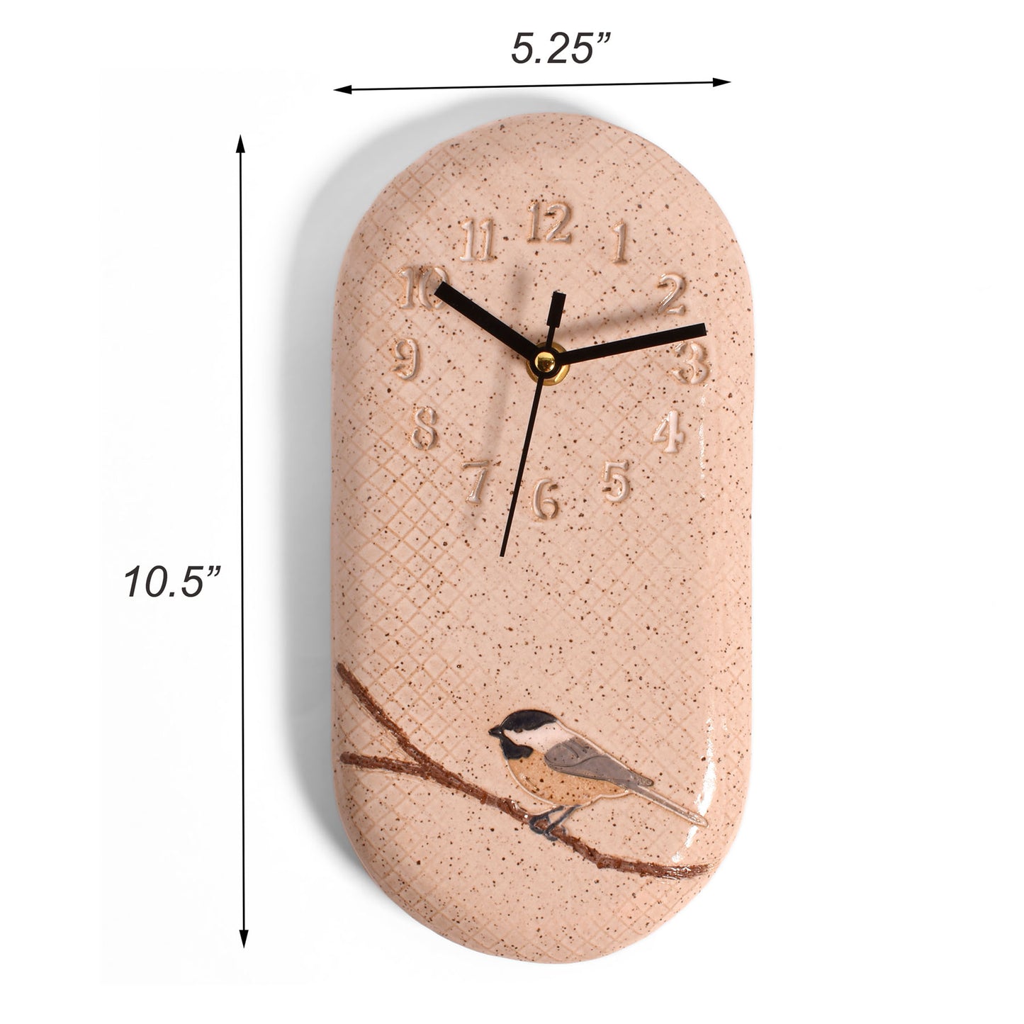 Chickadee Wall Clock, Hand-Built American Pottery, Each One Unique, Speckled Beige