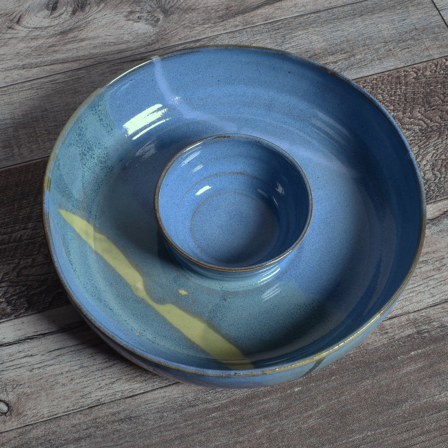 Handmade American Pottery Small Chip & Dip, Shrimp Cocktail Tray by Coastal Clay Co., Blue