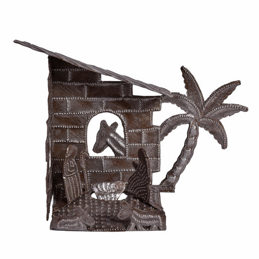 Small Tabletop Nativity Manger Scene Metal Art, Handmade in Haiti by Fair Trade Artisans