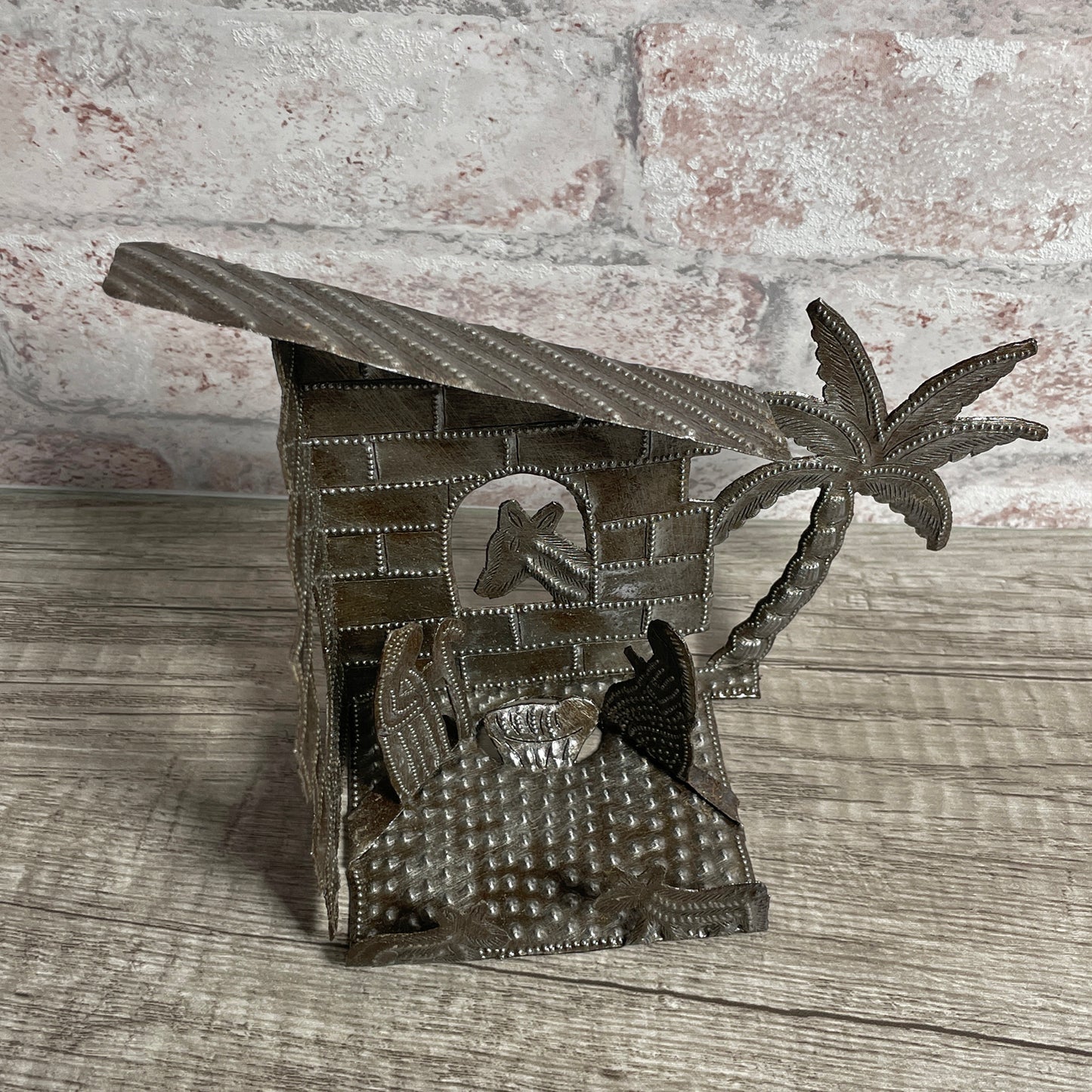 Small Tabletop Nativity Manger Scene Metal Art, Handmade in Haiti by Fair Trade Artisans