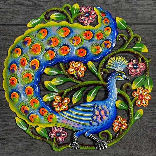 Colorful Peacock 14" Steel Drum Wall Art, Fair Trade, Handmade in Haiti